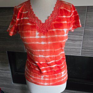 Jones Studio Striped Tee | Orange & White Summer Top | Small